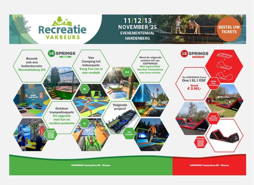 12SPRINGS op de Recreatie Vakbeurs 2025: ontdek trampoline-innovaties voor leisure 10 Promotieafbeelding 12SPRINGS met outdoor trampolines, projectfoto’s en beursinformatie voor de Recreatie Vakbeurs Hardenberg, stand 576