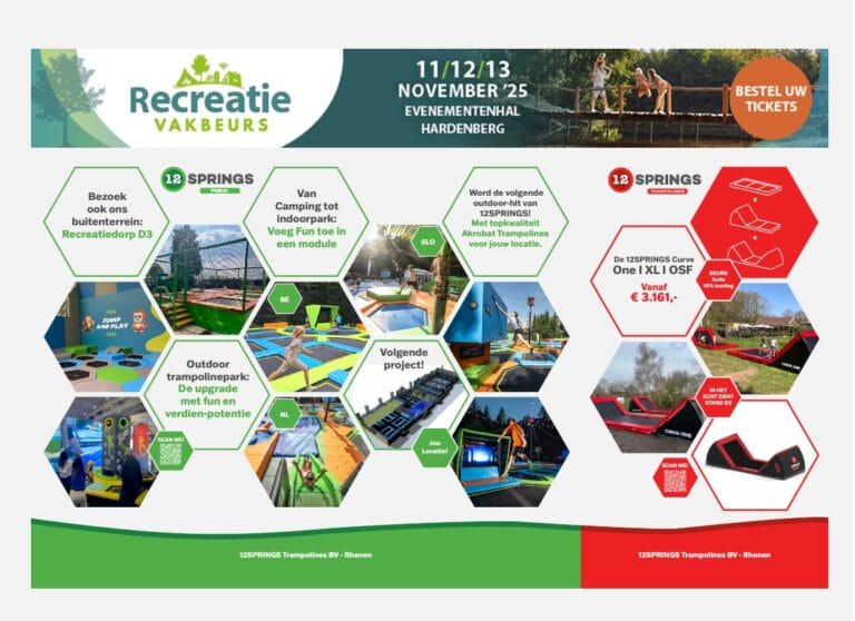 12SPRINGS op de Recreatie Vakbeurs 2025: ontdek trampoline-innovaties voor leisure 11 Promotieafbeelding 12SPRINGS met outdoor trampolines, projectfoto’s en beursinformatie voor de Recreatie Vakbeurs Hardenberg, stand 576